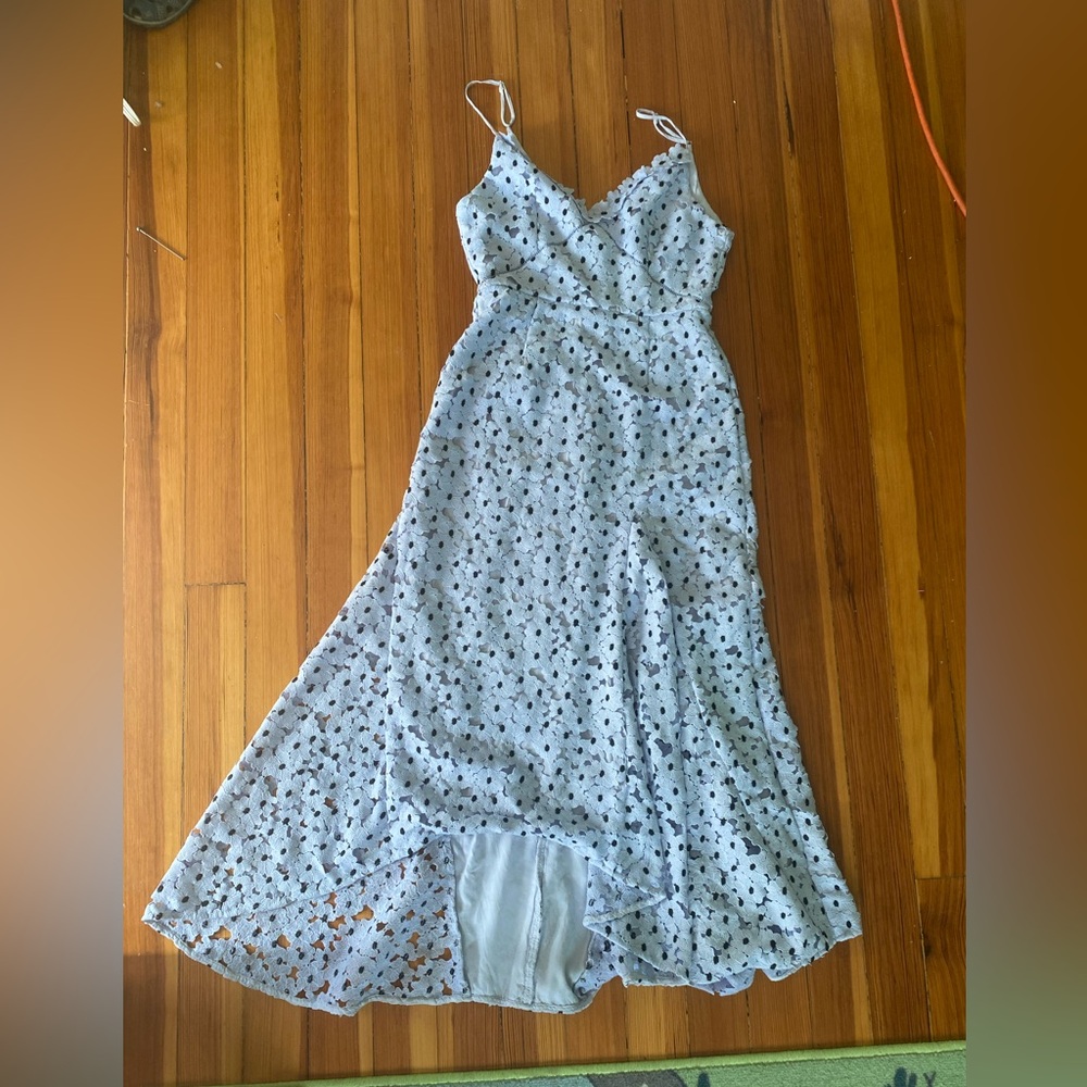 Saulee Light Blue Floral Lace midi Dress with Spaghetti Straps